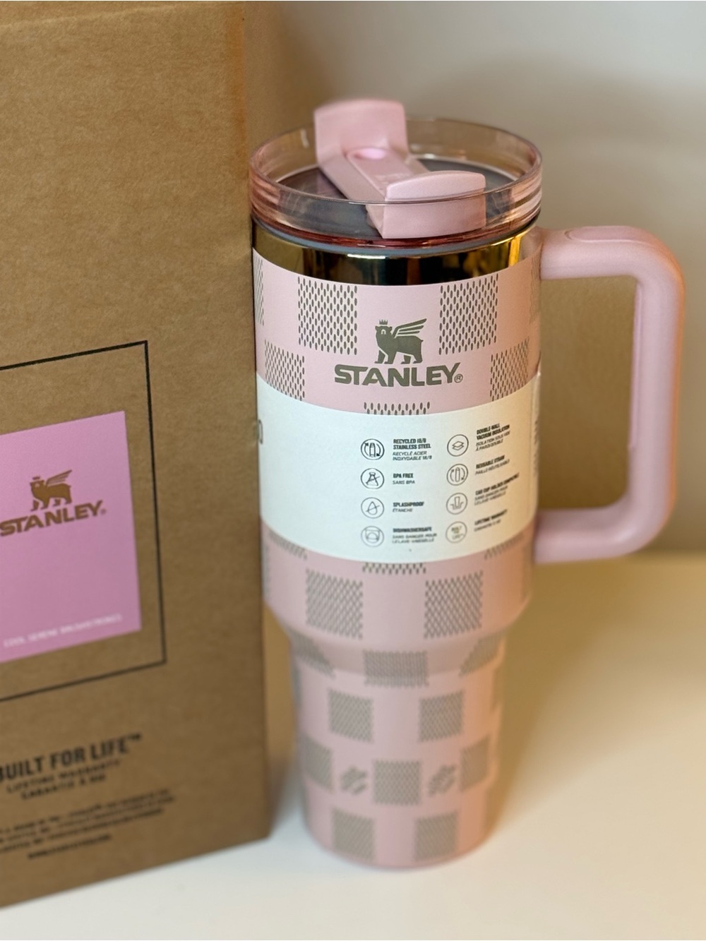 New! Stanley Pink Checkered Insulated Travel Mug with Handle 40 Oz